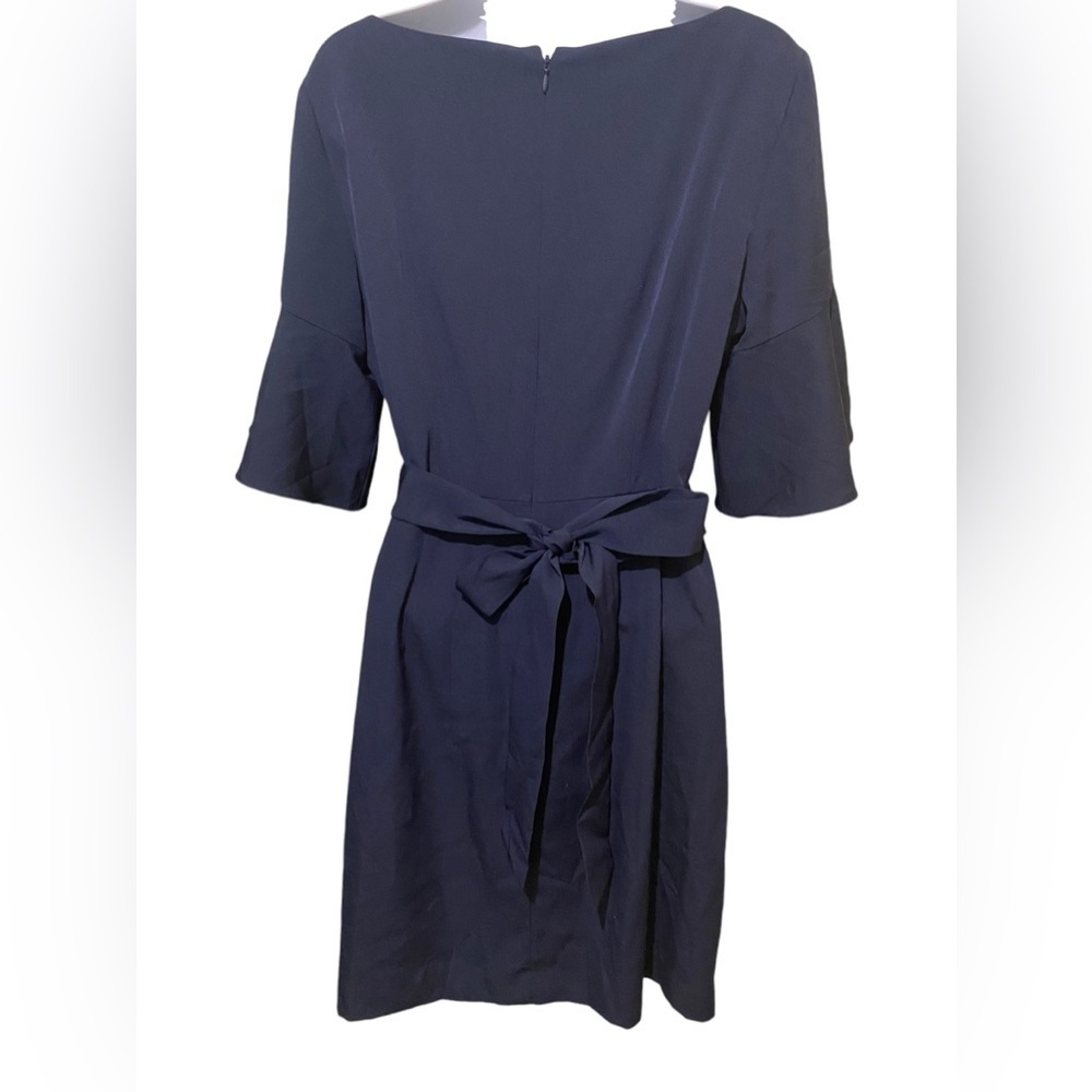 Eliza J Silky Navy Blue Dress Bell Sleeve Sheath Belted Pockets Preppy Office - Picture 5 of 16